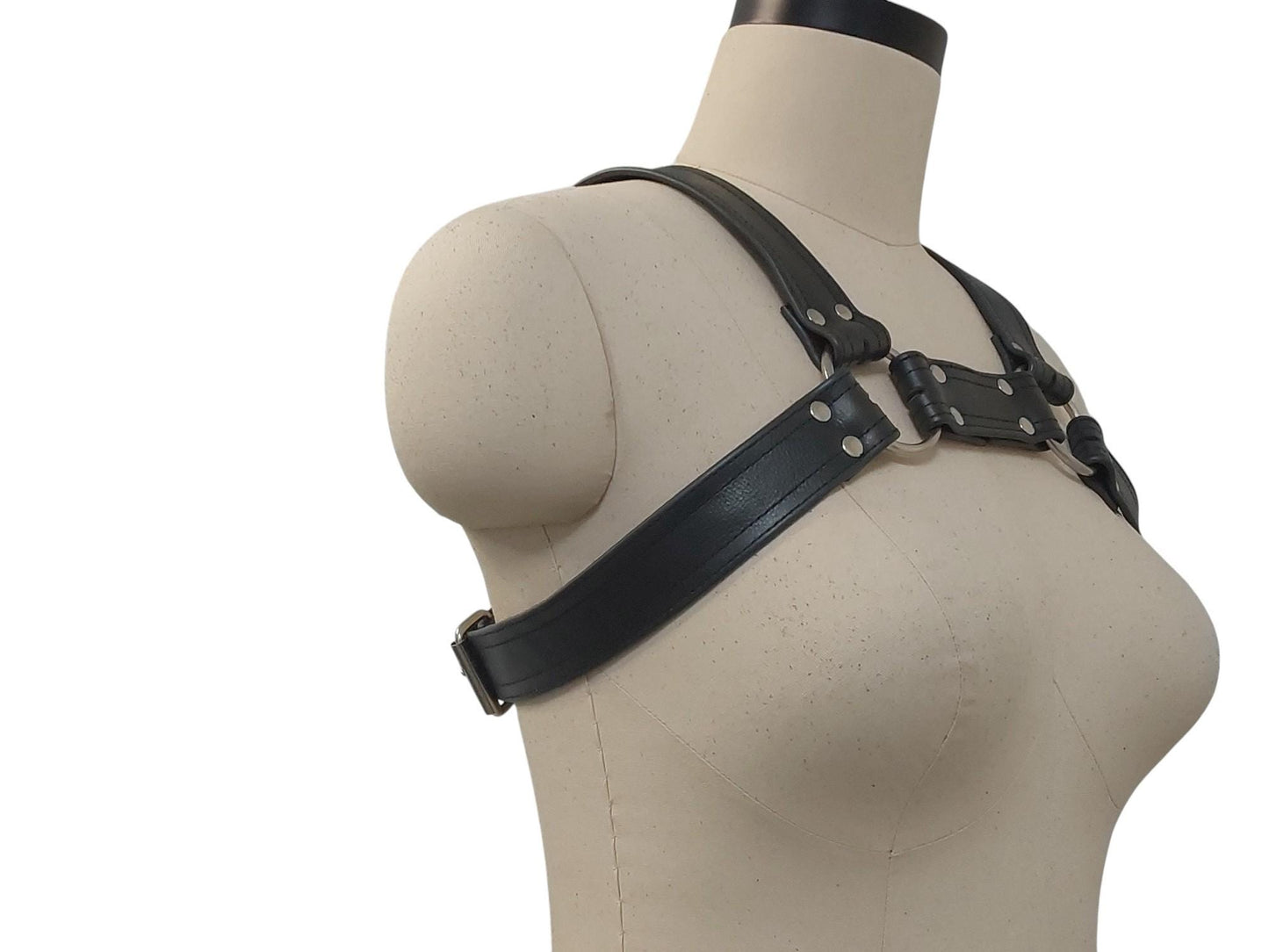 Versatile Handmade Black Leather Chest Harness – 4 D-Loops, Adjustable Buckle Straps, Heavy Duty