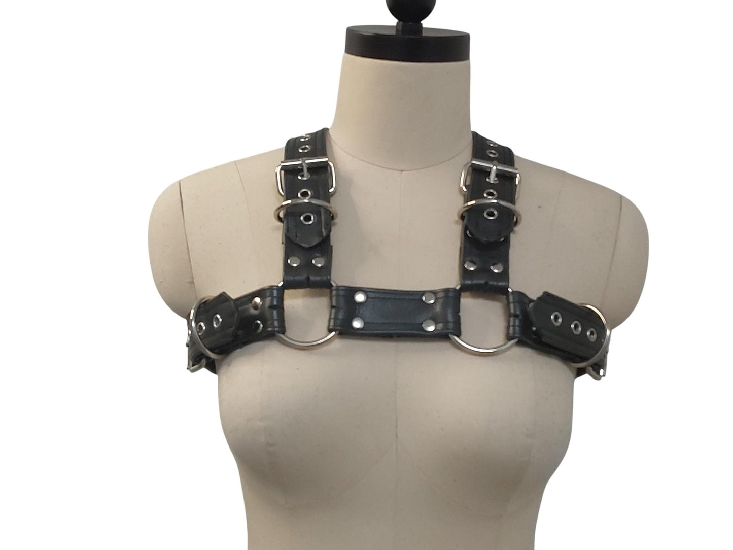 Versatile Handmade Black Leather Chest Harness – 4 D-Loops, Adjustable Buckle Straps, Heavy Duty