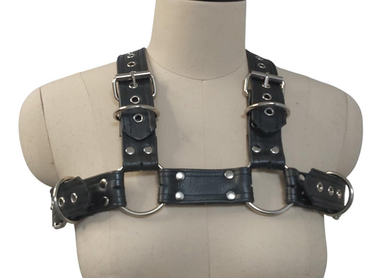 Versatile Handmade Black Leather Chest Harness – 4 D-Loops, Adjustable Buckle Straps, Heavy Duty