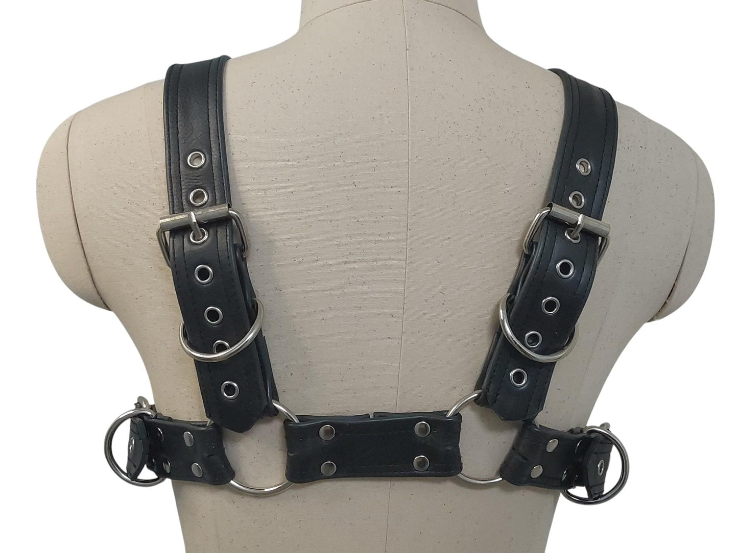 Versatile Handmade Black Leather Chest Harness – 4 D-Loops, Adjustable Buckle Straps, Heavy Duty