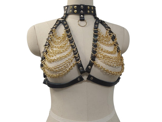 Handmade Black Leather Chain Bra Harness – Gold Chain Front, Collar & Buckle Back