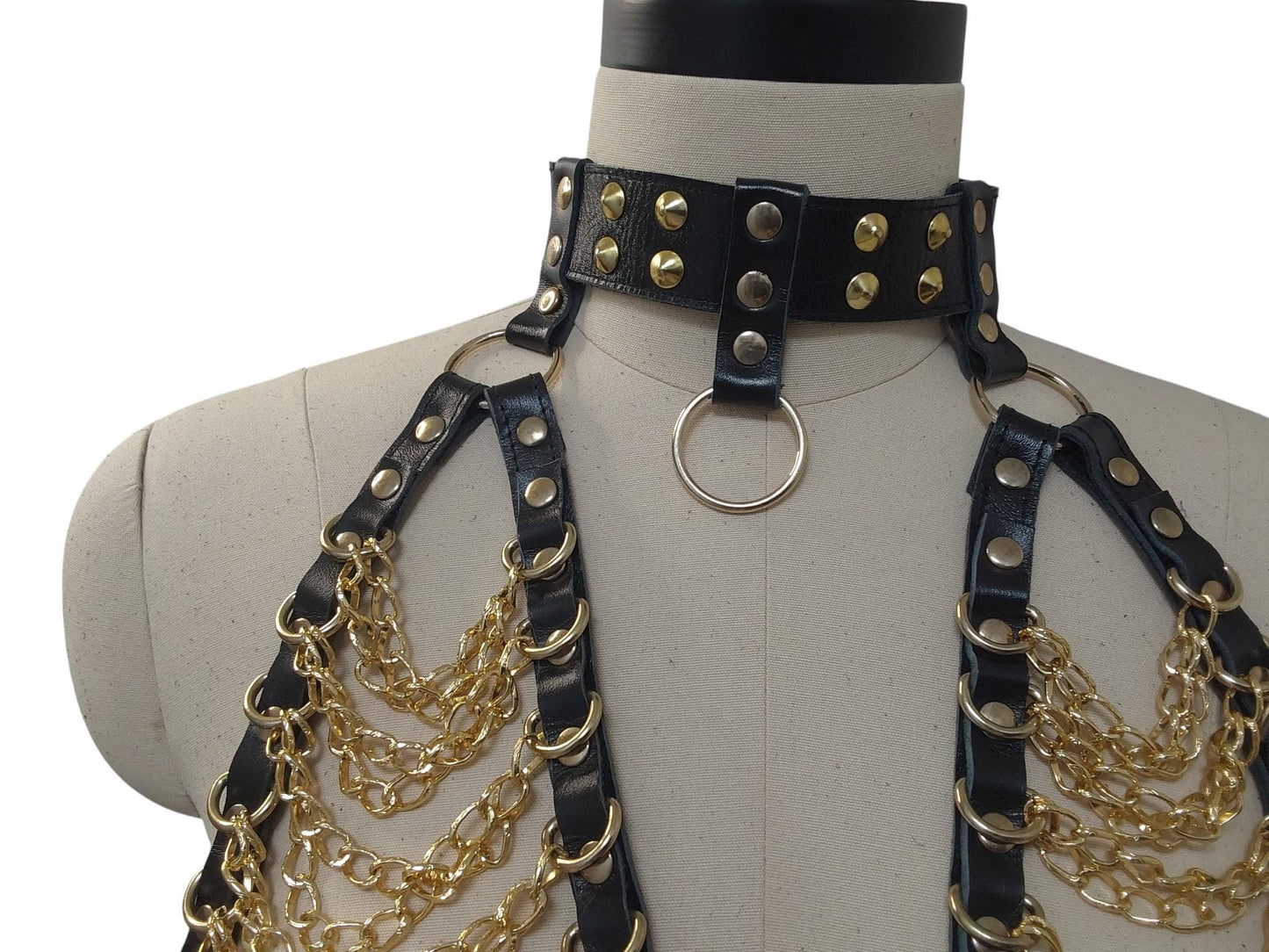 Handmade Black Leather Chain Bra Harness – Gold Chain Front, Collar & Buckle Back