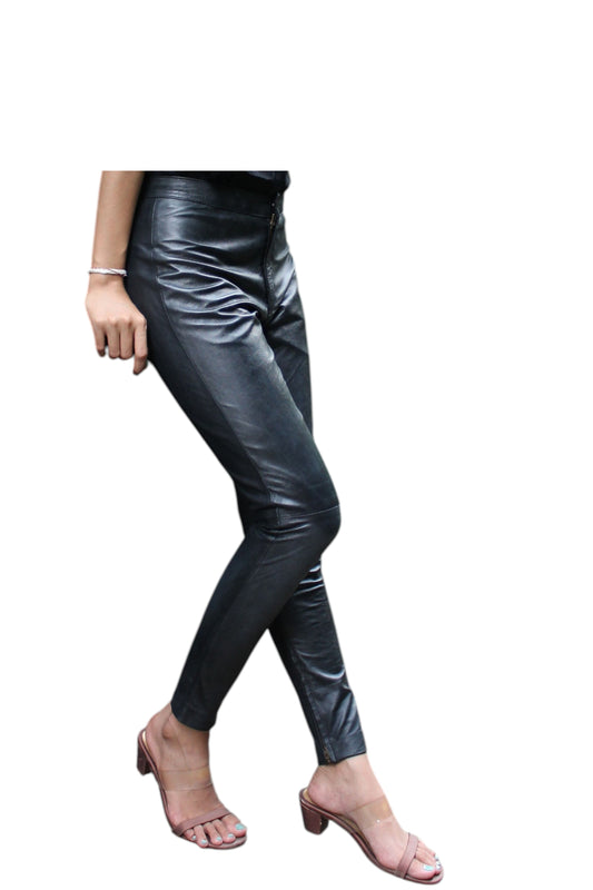 Women's Hand made 100% Leather Jeans , Genuine Luxurious  Soft Lambskin Leather Black Colour , Straight Leg Pants - No legs Zipper .